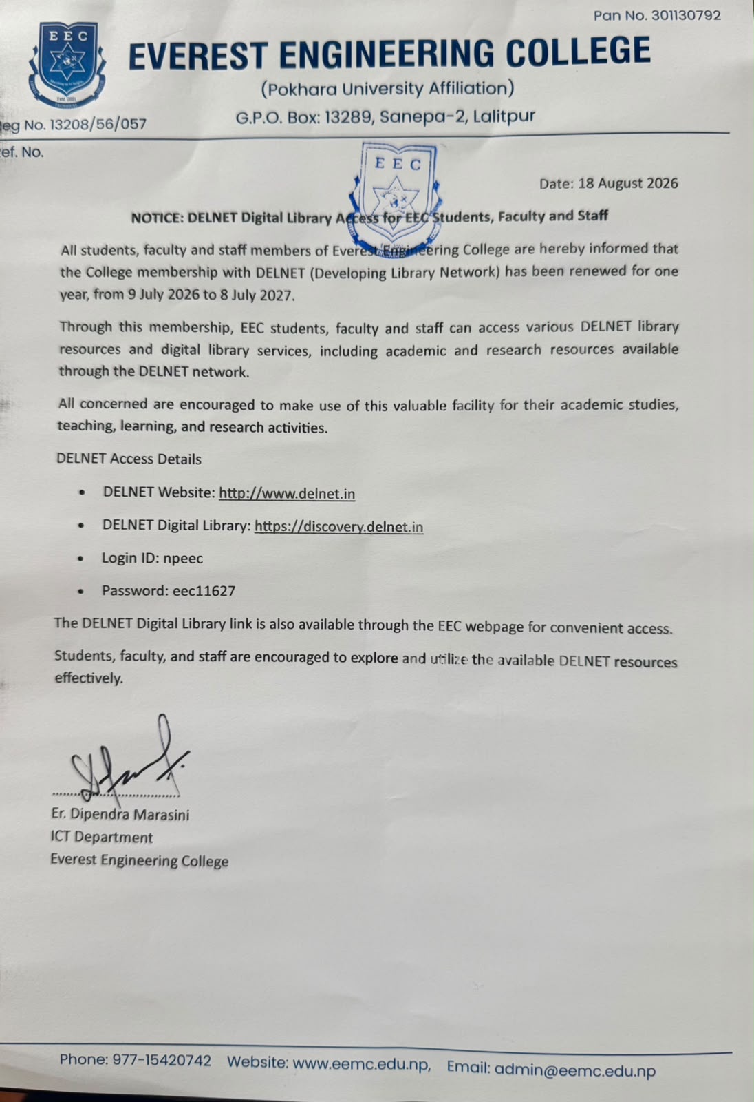 DELNET Digital Library Access for EEC Students, Faculty and Staff